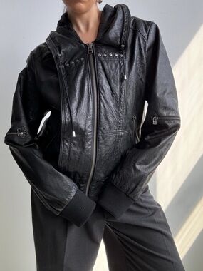 Danier Black Hooded Leather Jacket with Stud Accents